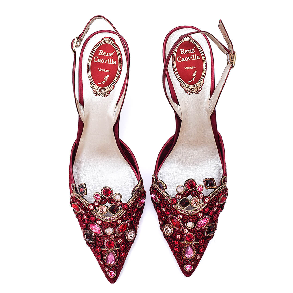 Rene Caovilla - Burgundy Crystal Embellished Lace and Leather Slingback Pumps 39